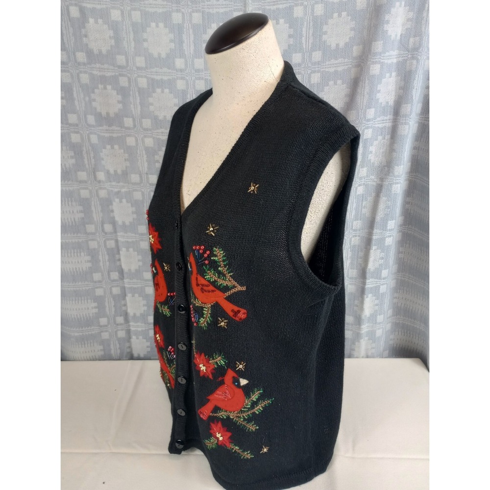 KIM ROGERS CARDINAL CHRISTMAS VEST WOMENS LARGE EMBROIDERED AND BEADED SLEEVELES - Picture 9 of 11